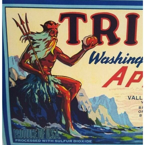 Triton Apples Crate Label King Neptune Man With Trident Vintage Original 1940s - Picture 1 of 4